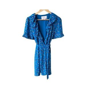 Charles Henry Dress Blue Floral Ruffle Wrap Short Sleeve Wedding Party Medium